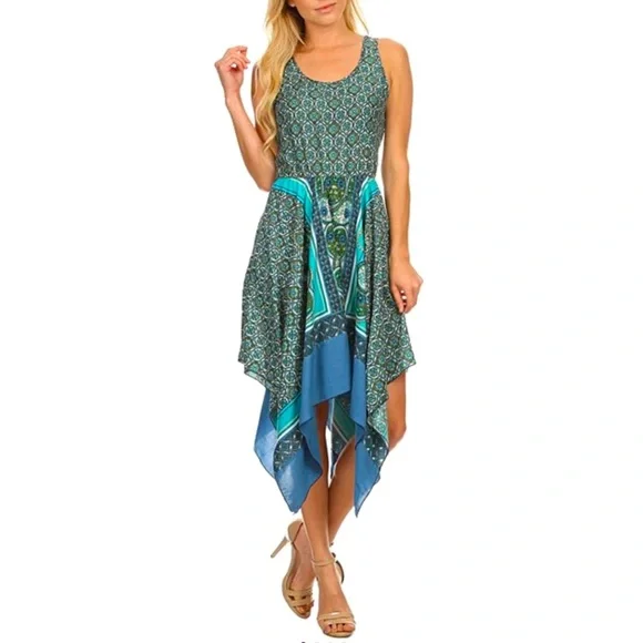 Nordstrom A-List Teal Green Blue Paisley Handkerchief Sleeveless Scoopneck Dress - Picture 2 of 10